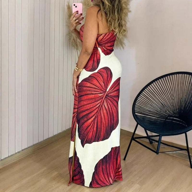 Elegantes Maxikleid mit Palmenprint und One - Shoulder - Ausschnitt - Livezo