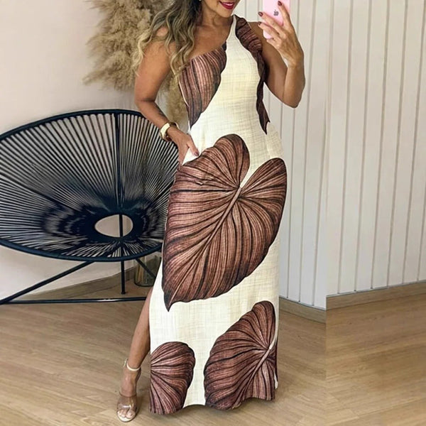 Elegantes Maxikleid mit Palmenprint und One - Shoulder - Ausschnitt - Livezo
