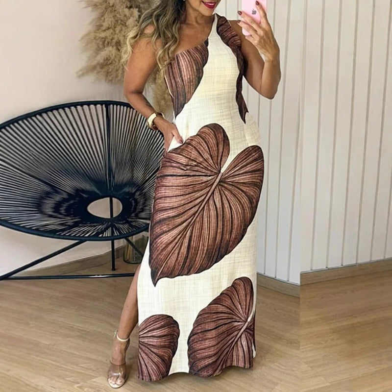 Elegantes Maxikleid mit Palmenprint und One - Shoulder - Ausschnitt - Livezo