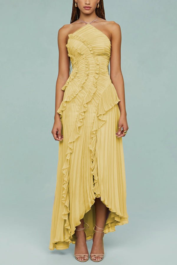 Elegantes plissiertes Maxikleid mit Neckholder und Volant - Details - Livezo