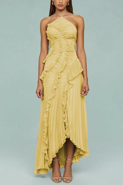 Elegantes plissiertes Maxikleid mit Neckholder und Volant - Details - Livezo