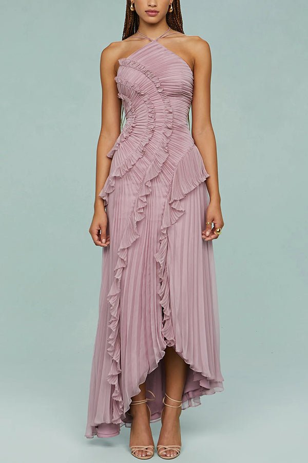 Elegantes plissiertes Maxikleid mit Neckholder und Volant - Details - Livezo