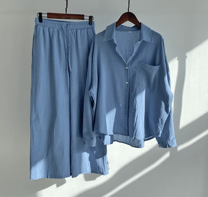 Entspanntes Leinenblusen - und Weitbein - Hosen - Set - Livezo
