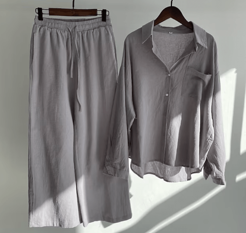Entspanntes Leinenblusen - und Weitbein - Hosen - Set - Livezo