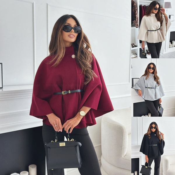 Lineo  Eleganter einfarbiger Woll-Cape-Mantel mit Gürtel
