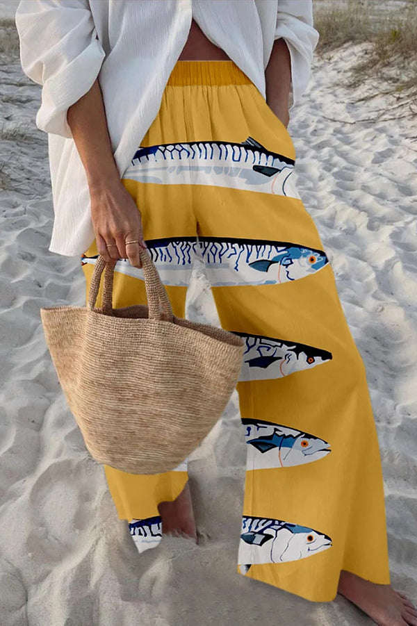 Hosen mit maritimem Print, elastischem Bund, lockerem Schnitt und Taschen
