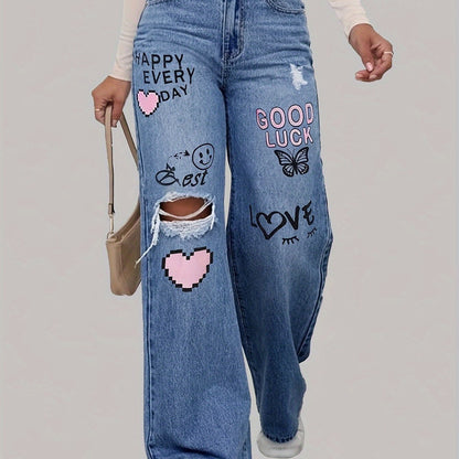 Fett bedruckte High-Waist Jeans mit weitem Bein