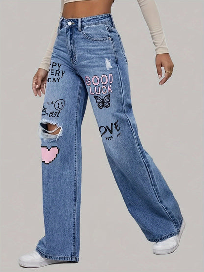 Fett bedruckte High - Waist Jeans mit weitem Bein - Livezo