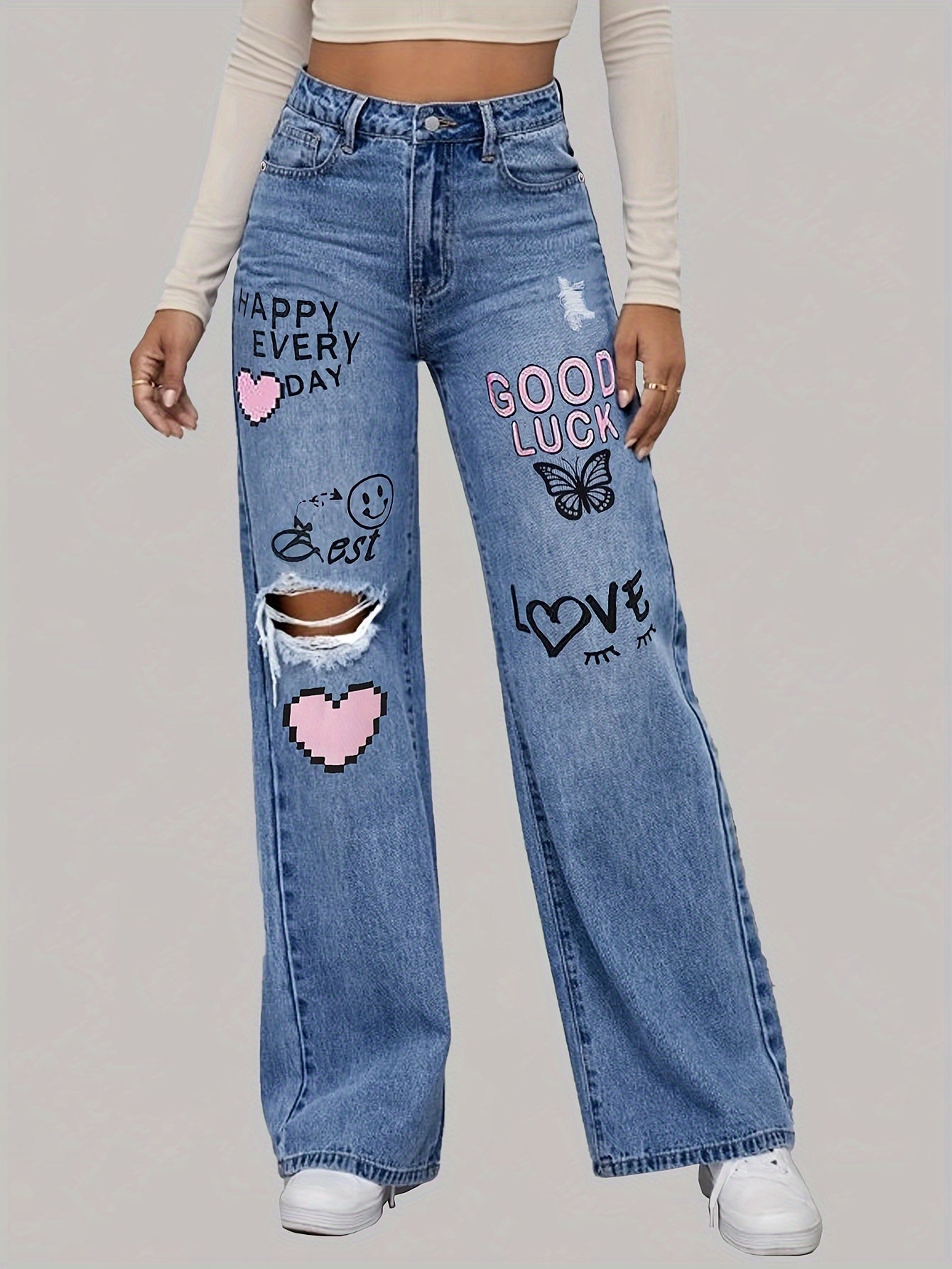Fett bedruckte High - Waist Jeans mit weitem Bein - Livezo
