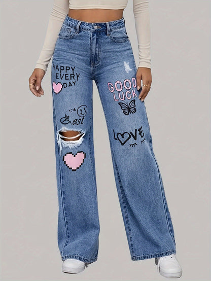 Fett bedruckte High - Waist Jeans mit weitem Bein - Livezo