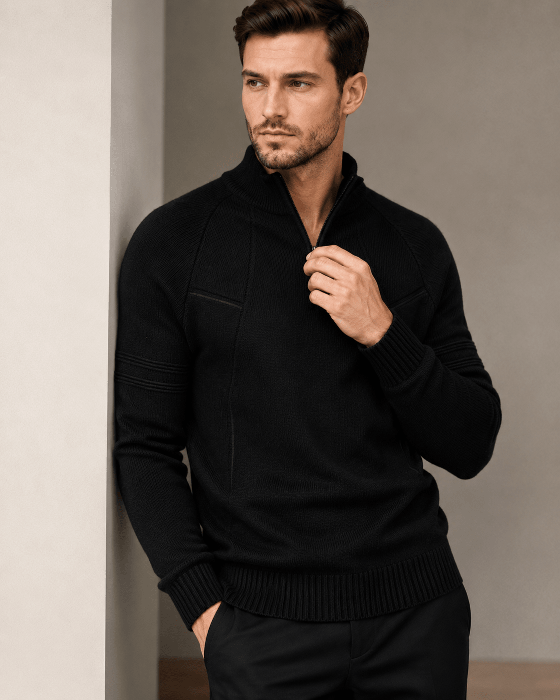 Fitted Ribbed Knit Zip Sweater - Harren Cole
