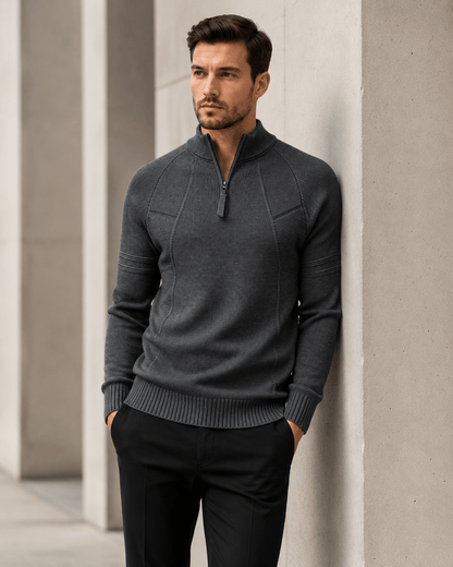 Fitted Ribbed Knit Zip Sweater - Harren Cole