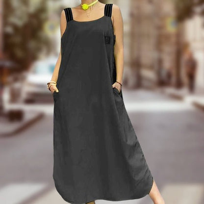 Fließendes Maxikleid mit breiten Trägern und Taschen - Livezo
