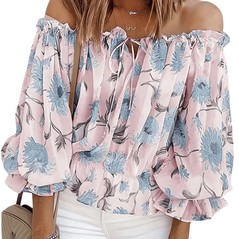 Florale Schulterfreie Bluse mit Puffärmeln - Livezo