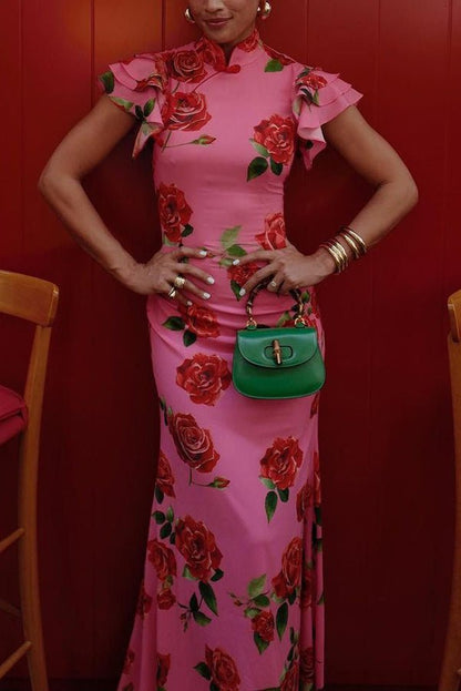 Florales Cheongsam - Maxikleid mit ausgestellten Ärmeln - Livezo