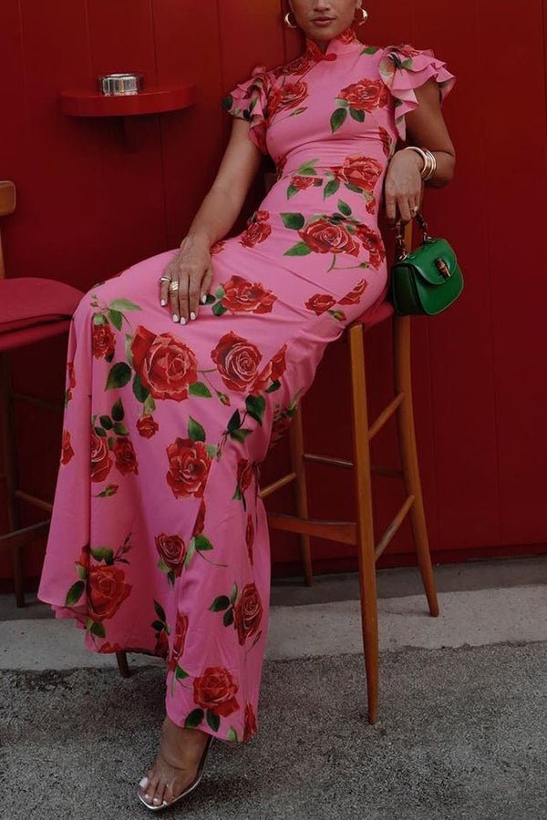 Florales Cheongsam - Maxikleid mit ausgestellten Ärmeln - Livezo
