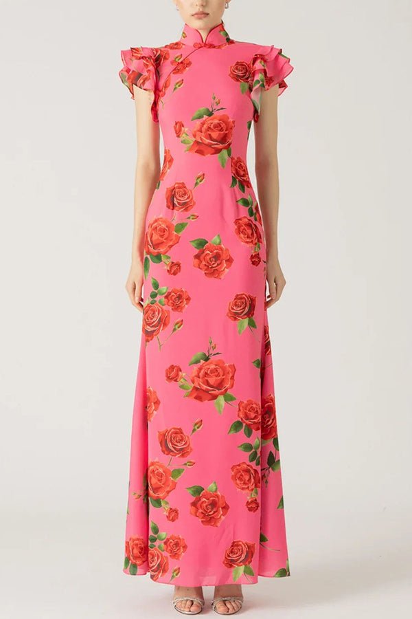 Florales Cheongsam - Maxikleid mit ausgestellten Ärmeln - Livezo