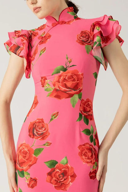 Florales Cheongsam - Maxikleid mit ausgestellten Ärmeln - Livezo