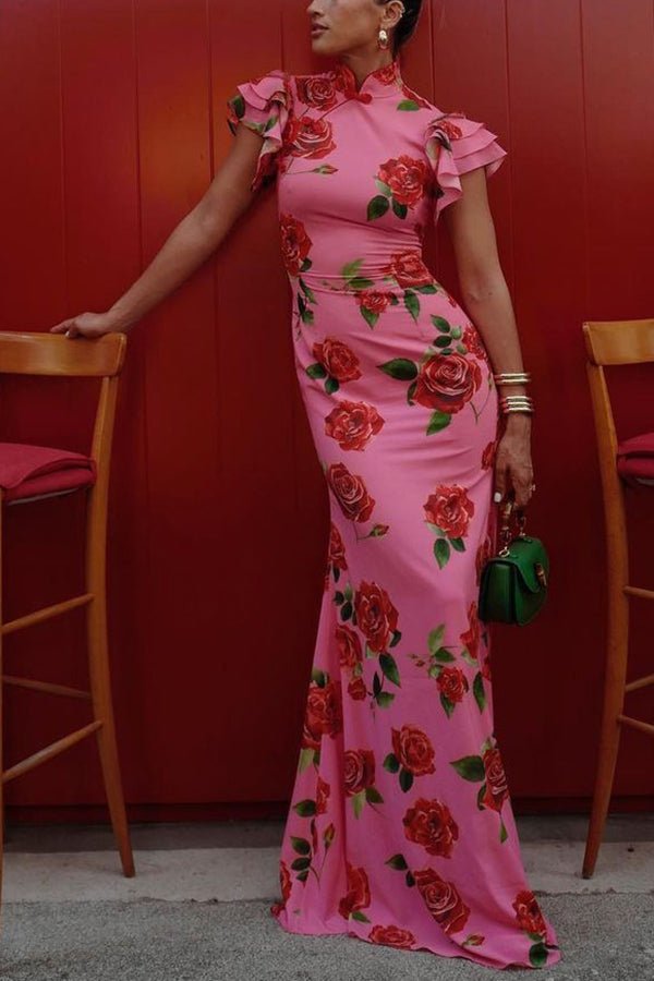 Florales Cheongsam - Maxikleid mit ausgestellten Ärmeln - Livezo