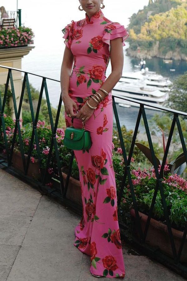 Florales Cheongsam - Maxikleid mit ausgestellten Ärmeln - Livezo