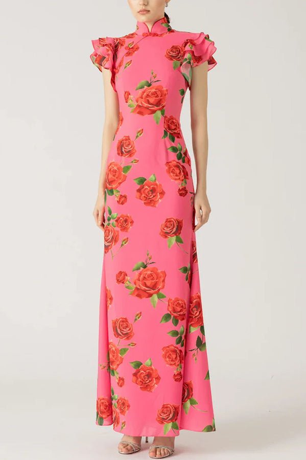 Florales Cheongsam - Maxikleid mit ausgestellten Ärmeln - Livezo