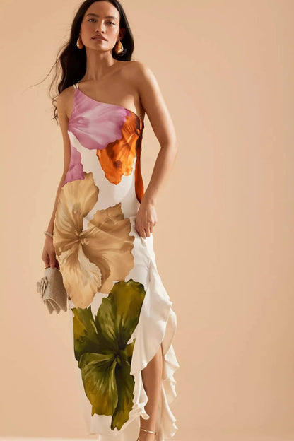 Florales Maxikleid mit einer Schulter, Rüschensaum und Spaghettiträgern - Livezo