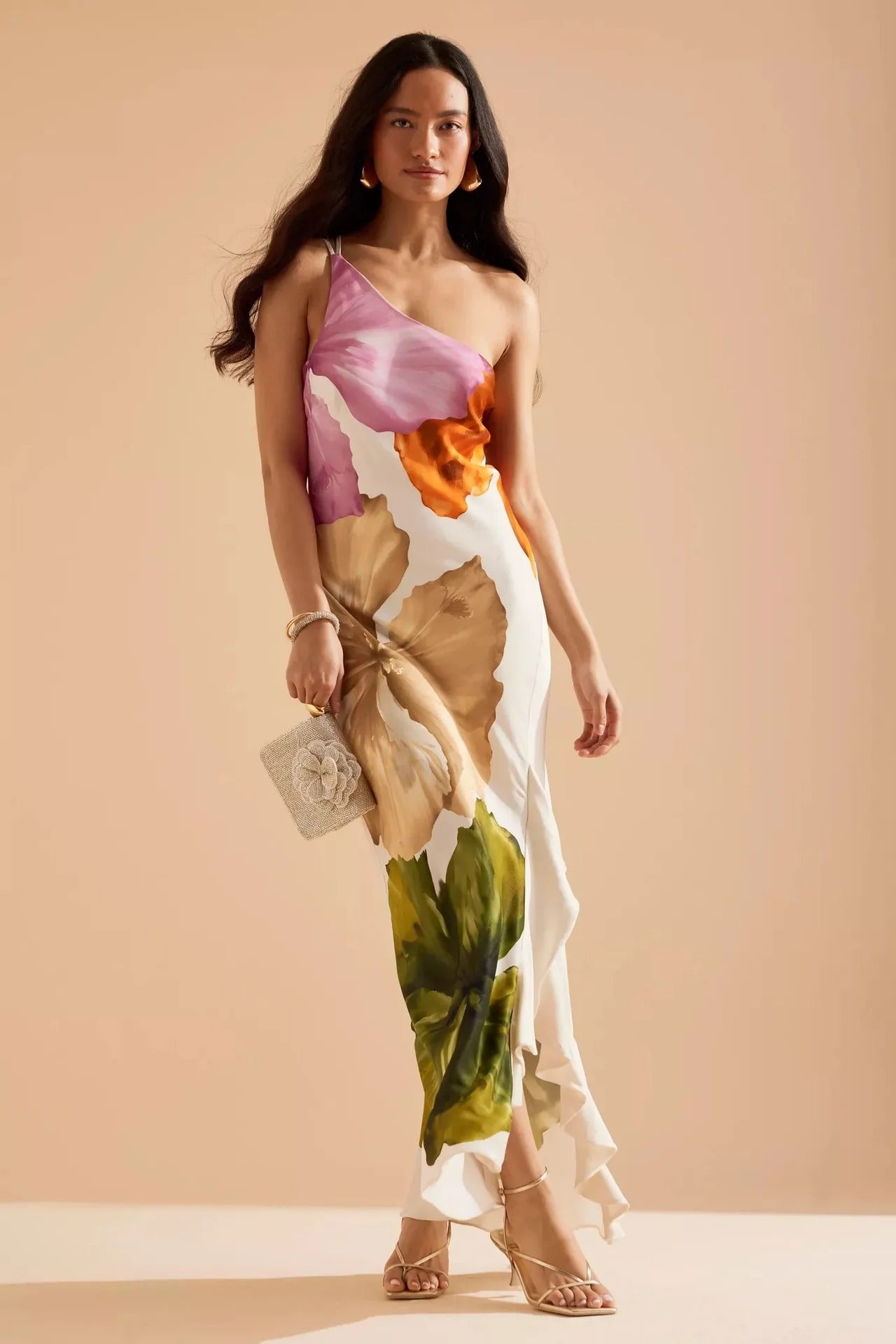 Florales Maxikleid mit einer Schulter, Rüschensaum und Spaghettiträgern - Livezo