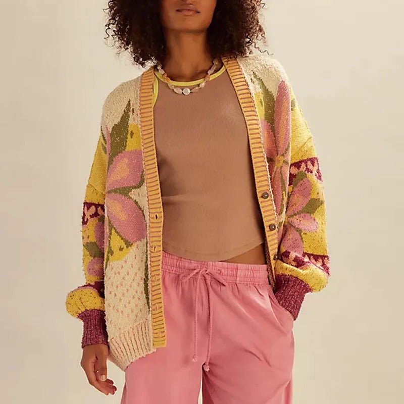 Gemütliche Strickjacke mit Blumenmuster, lockerem Schnitt und langen Ärmeln - Livezo