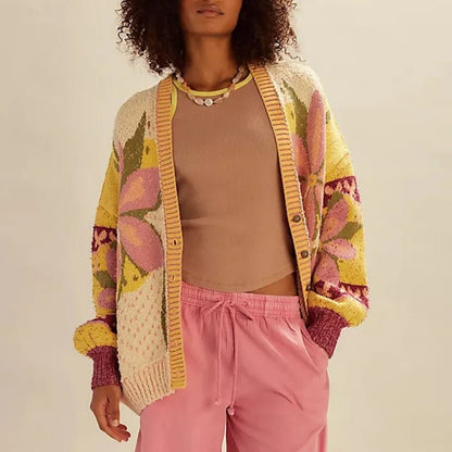 Gemütliche Strickjacke mit Blumenmuster, lockerem Schnitt und langen Ärmeln - Livezo
