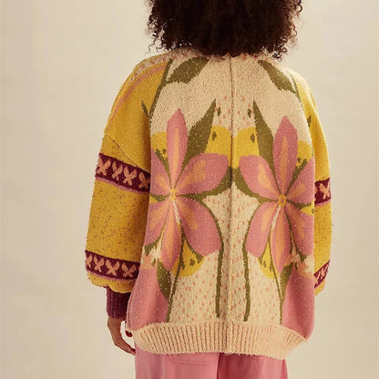 Gemütliche Strickjacke mit Blumenmuster, lockerem Schnitt und langen Ärmeln - Livezo