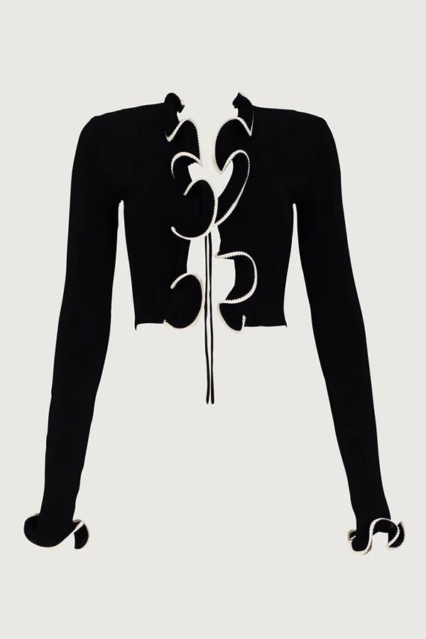 Gemütliche Strickjacke mit Rüschen und Bindeband vorne - Livezo