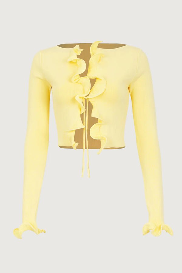 Gemütliche Strickjacke mit Rüschen und Bindeband vorne - Livezo