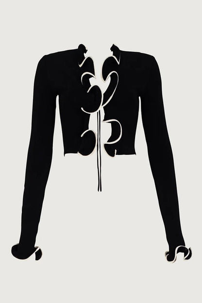 Gemütliche Strickjacke mit Rüschen und Bindeband vorne - Livezo