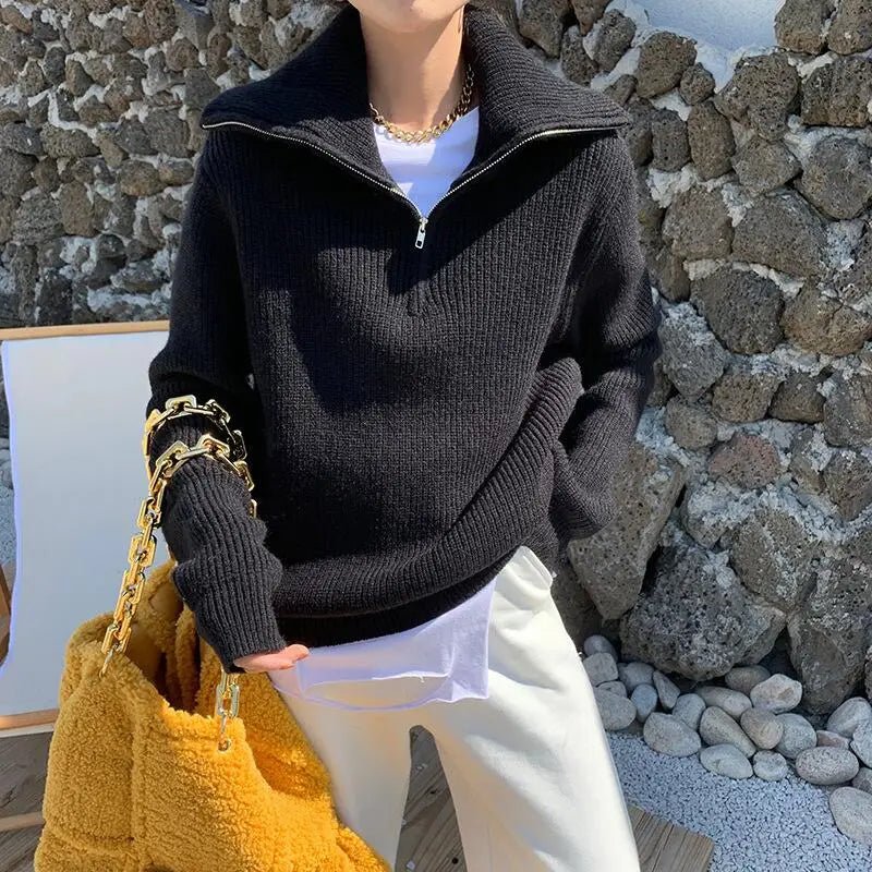 Gemütlicher dicker Strickpullover mit Reißverschlusskragen für stilvollen Komfort - Livezo