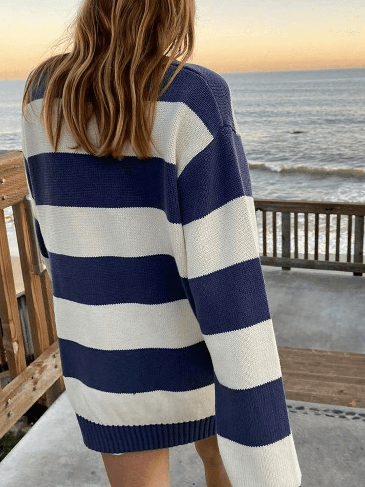 Gemütlicher gestreifter Rundhalsausschnitt Strickpullover - Livezo