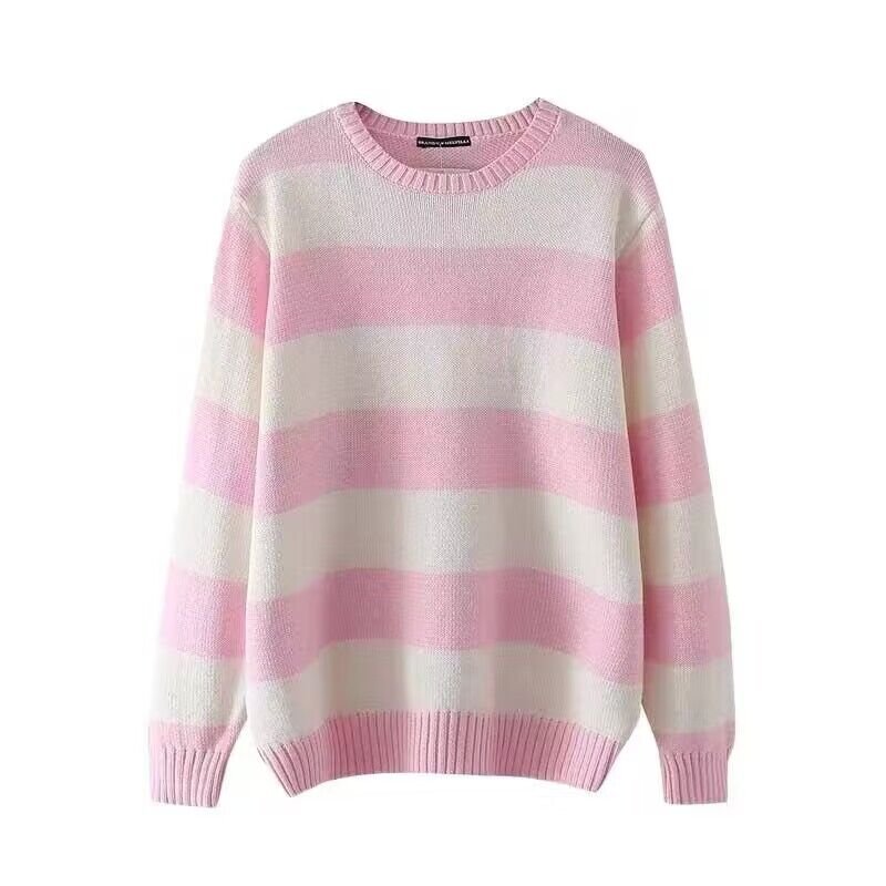 Gemütlicher gestreifter Rundhalsausschnitt Strickpullover - Livezo