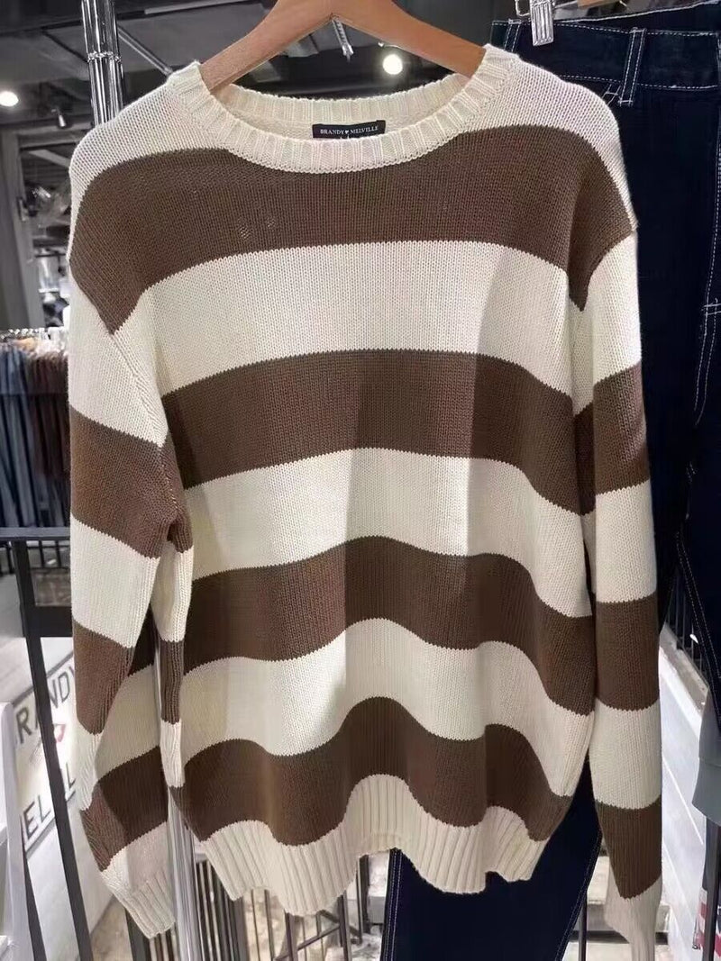 Gemütlicher gestreifter Rundhalsausschnitt Strickpullover - Livezo