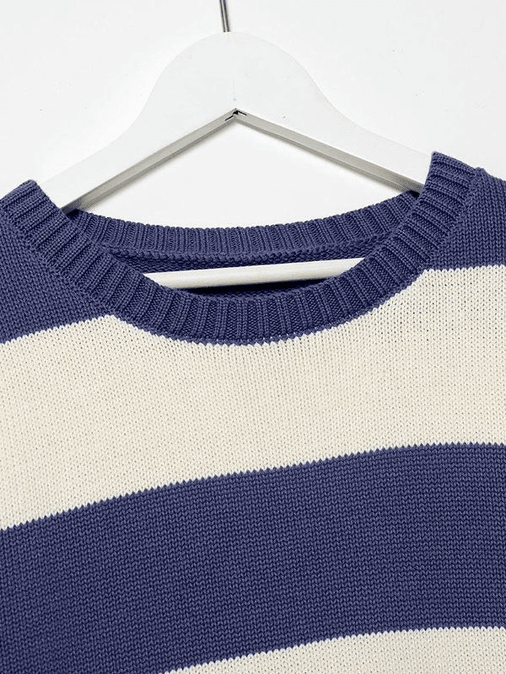 Gemütlicher gestreifter Rundhalsausschnitt Strickpullover - Livezo