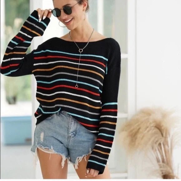 Gemütlicher gestreifter V - Ausschnitt Strickpullover für legere Lagenlooks - Livezo