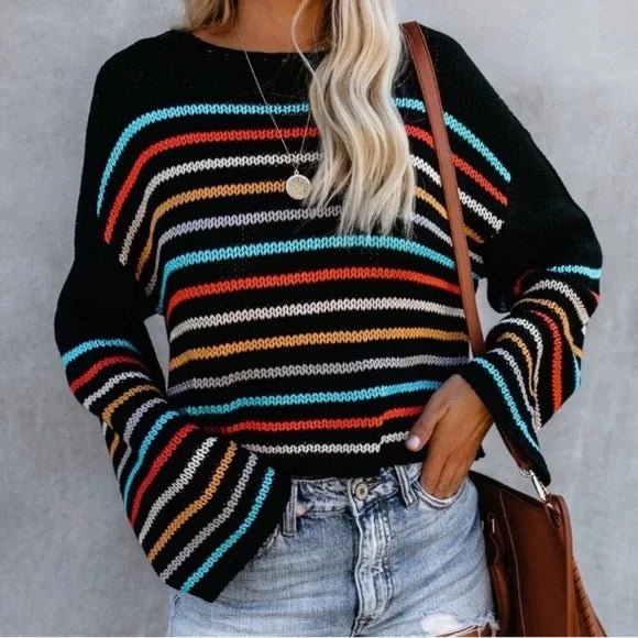 Gemütlicher gestreifter V - Ausschnitt Strickpullover für legere Lagenlooks - Livezo