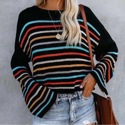 Gemütlicher gestreifter V - Ausschnitt Strickpullover für legere Lagenlooks - Livezo