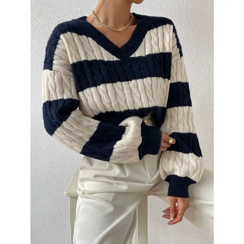 Gemütlicher lockerer Strickpullover mit V - Ausschnitt im Vintage - Stil - Livezo