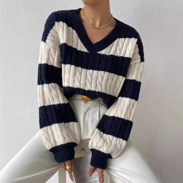 Gemütlicher lockerer Strickpullover mit V - Ausschnitt im Vintage - Stil - Livezo