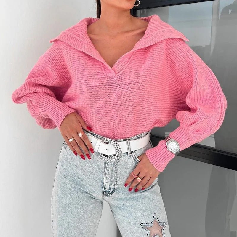 Gemütlicher Strickpullover mit Laternenärmeln und offenem Kragen - Livezo