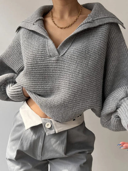 Gemütlicher Strickpullover mit Laternenärmeln und offenem Kragen - Livezo