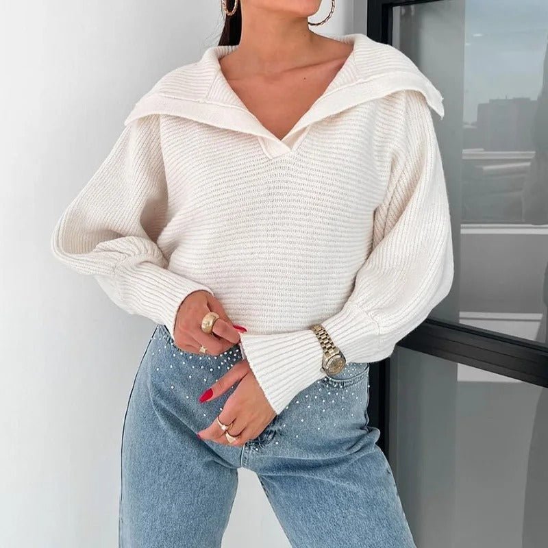 Gemütlicher Strickpullover mit Laternenärmeln und offenem Kragen - Livezo