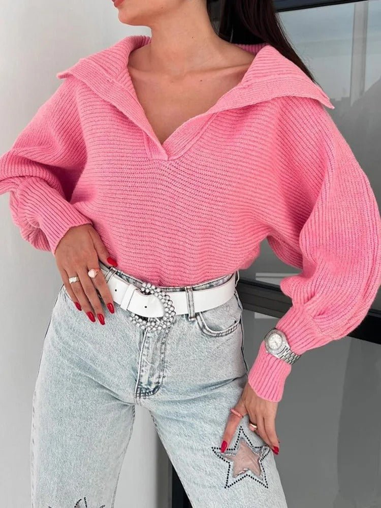 Gemütlicher Strickpullover mit Laternenärmeln und offenem Kragen - Livezo