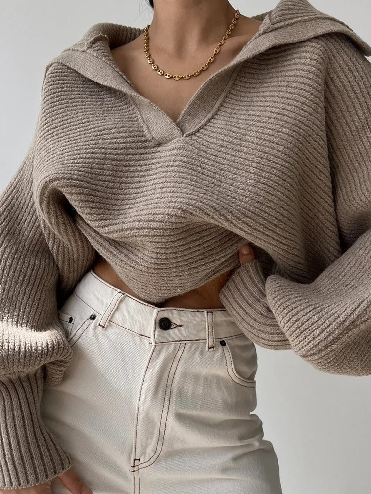 Gemütlicher Strickpullover mit Laternenärmeln und offenem Kragen - Livezo