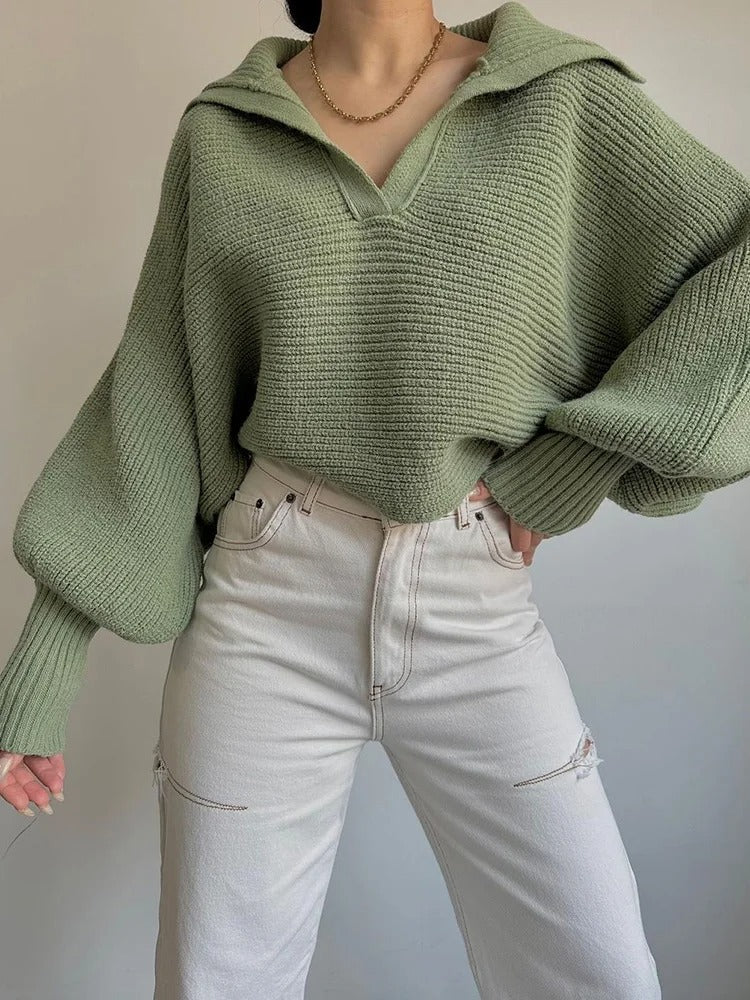 Gemütlicher Strickpullover mit Laternenärmeln und offenem Kragen - Livezo