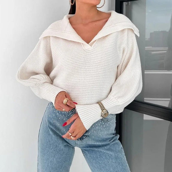 Gemütlicher Strickpullover mit Laternenärmeln und offenem Kragen - Livezo